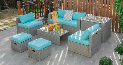 8 Pieces Patio Rattan Furniture Set with Storage Waterproof Cover and Cushion, Turquoise Outdoor Sectionals   at Gallery Canada