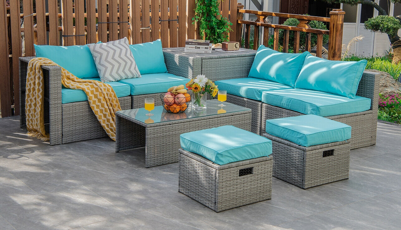 8 Pieces Patio Rattan Furniture Set with Storage Waterproof Cover and Cushion, Turquoise Outdoor Sectionals   at Gallery Canada