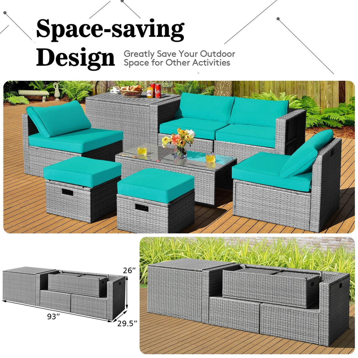 8 Pieces Patio Rattan Furniture Set with Storage Waterproof Cover and Cushion, Turquoise Outdoor Sectionals   at Gallery Canada