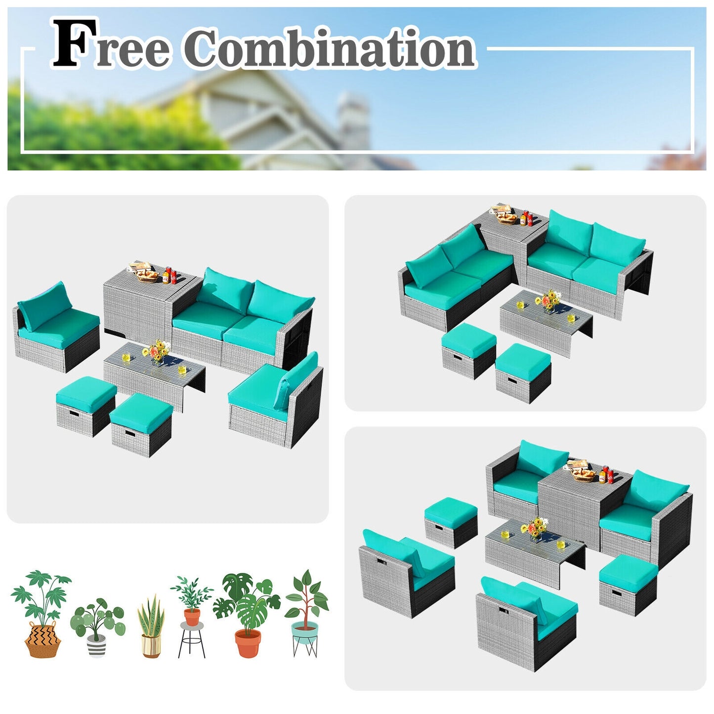 8 Pieces Patio Rattan Furniture Set with Storage Waterproof Cover and Cushion, Turquoise Outdoor Sectionals   at Gallery Canada