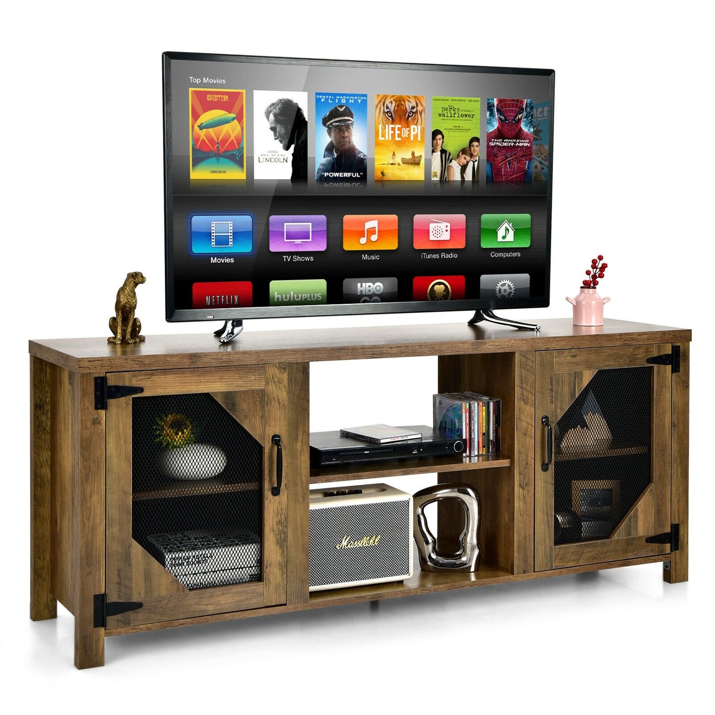 TV Stand Entertainment Media Center for TVs up to 65-Inch with Steel Mesh Doors, Rustic Brown Entertainment Centers & TV Stands   at Gallery Canada