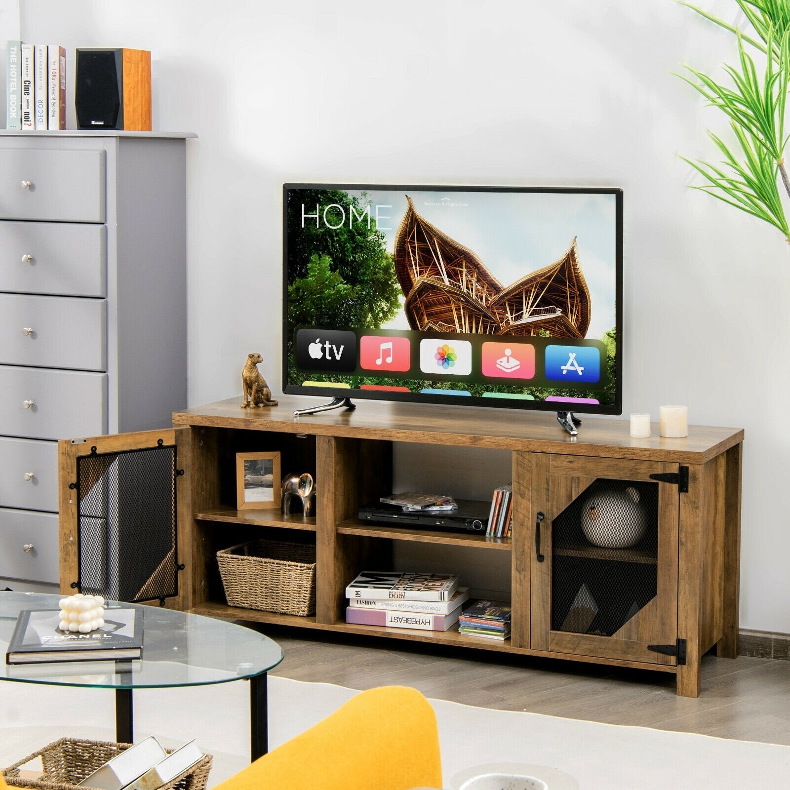 TV Stand Entertainment Media Center for TVs up to 65-Inch with Steel Mesh Doors, Rustic Brown Entertainment Centers & TV Stands   at Gallery Canada