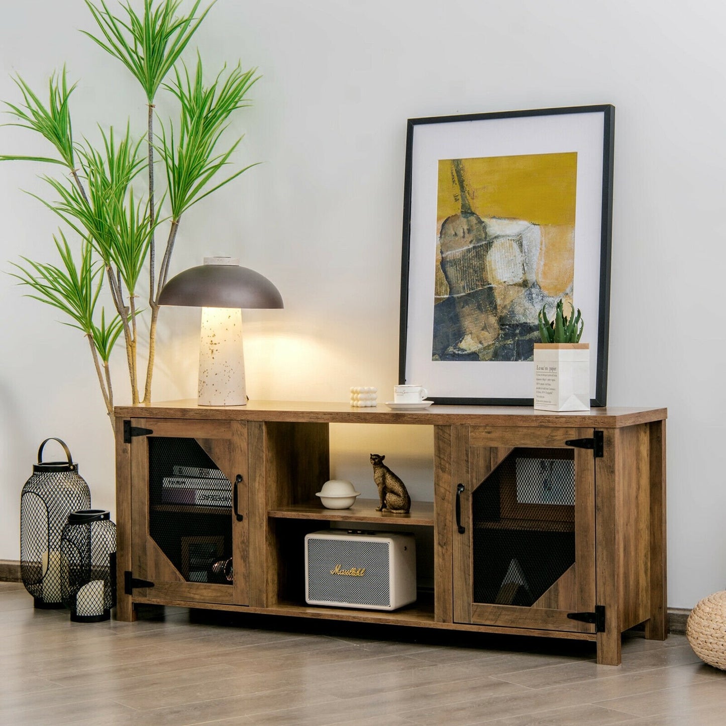 TV Stand Entertainment Media Center for TVs up to 65-Inch with Steel Mesh Doors, Rustic Brown Entertainment Centers & TV Stands   at Gallery Canada