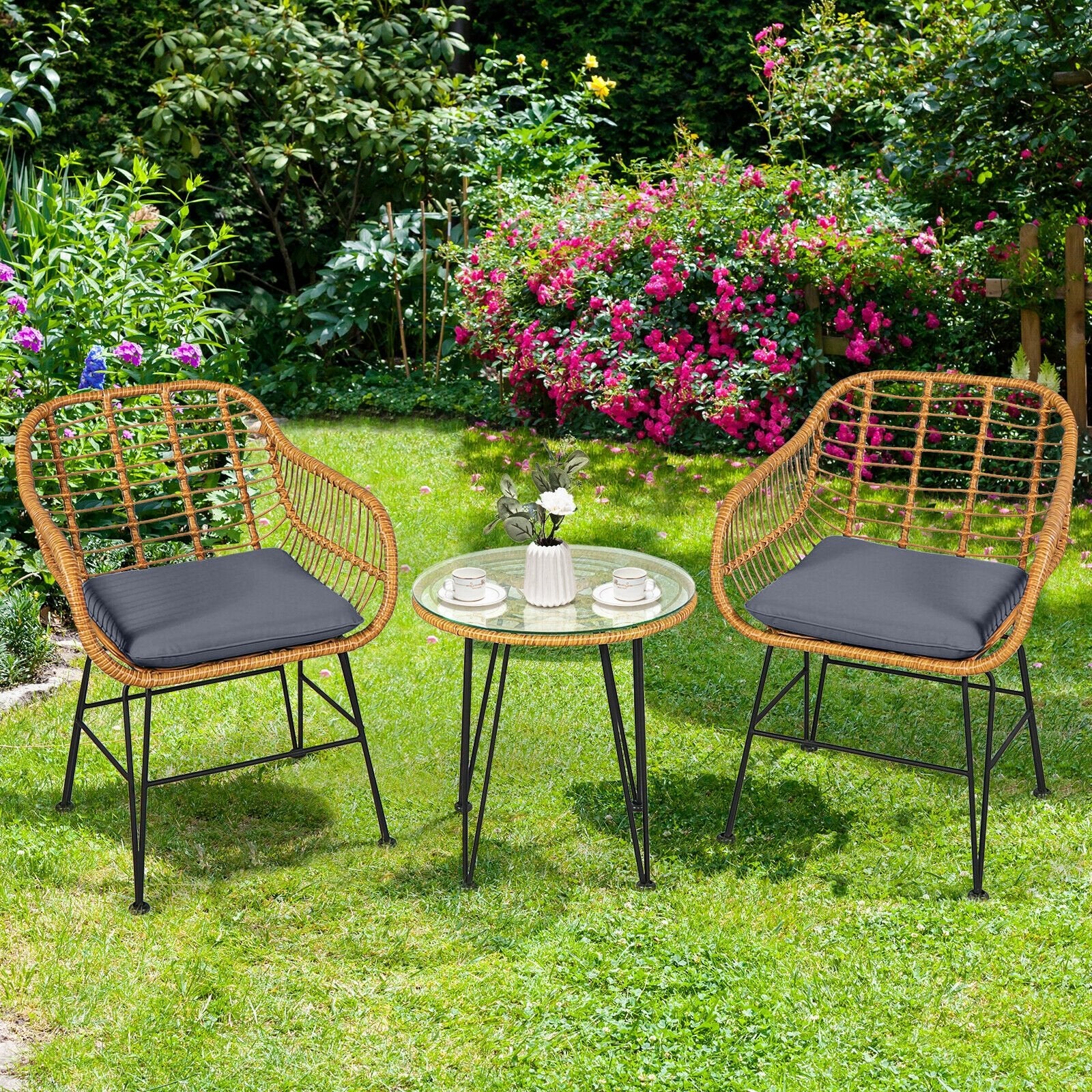 3 Pieces Rattan Furniture Set with Cushioned Chair Table, Gray Patio Conversation Sets   at Gallery Canada