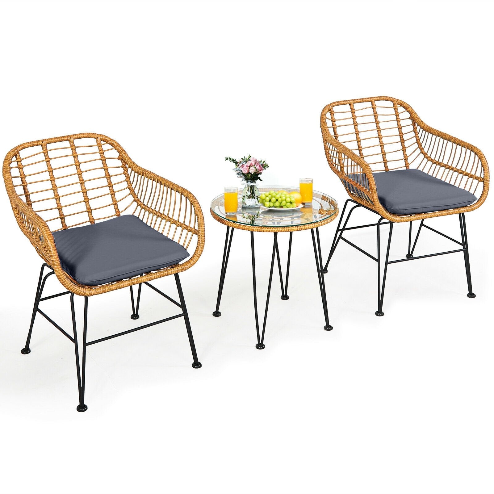 3 Pieces Rattan Furniture Set with Cushioned Chair Table, Gray Patio Conversation Sets   at Gallery Canada