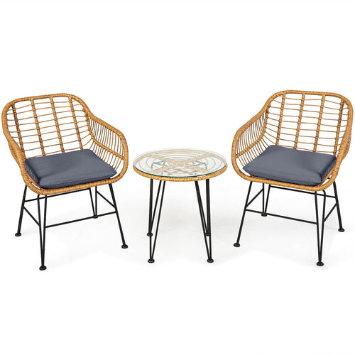 3 Pieces Rattan Furniture Set with Cushioned Chair Table, Gray