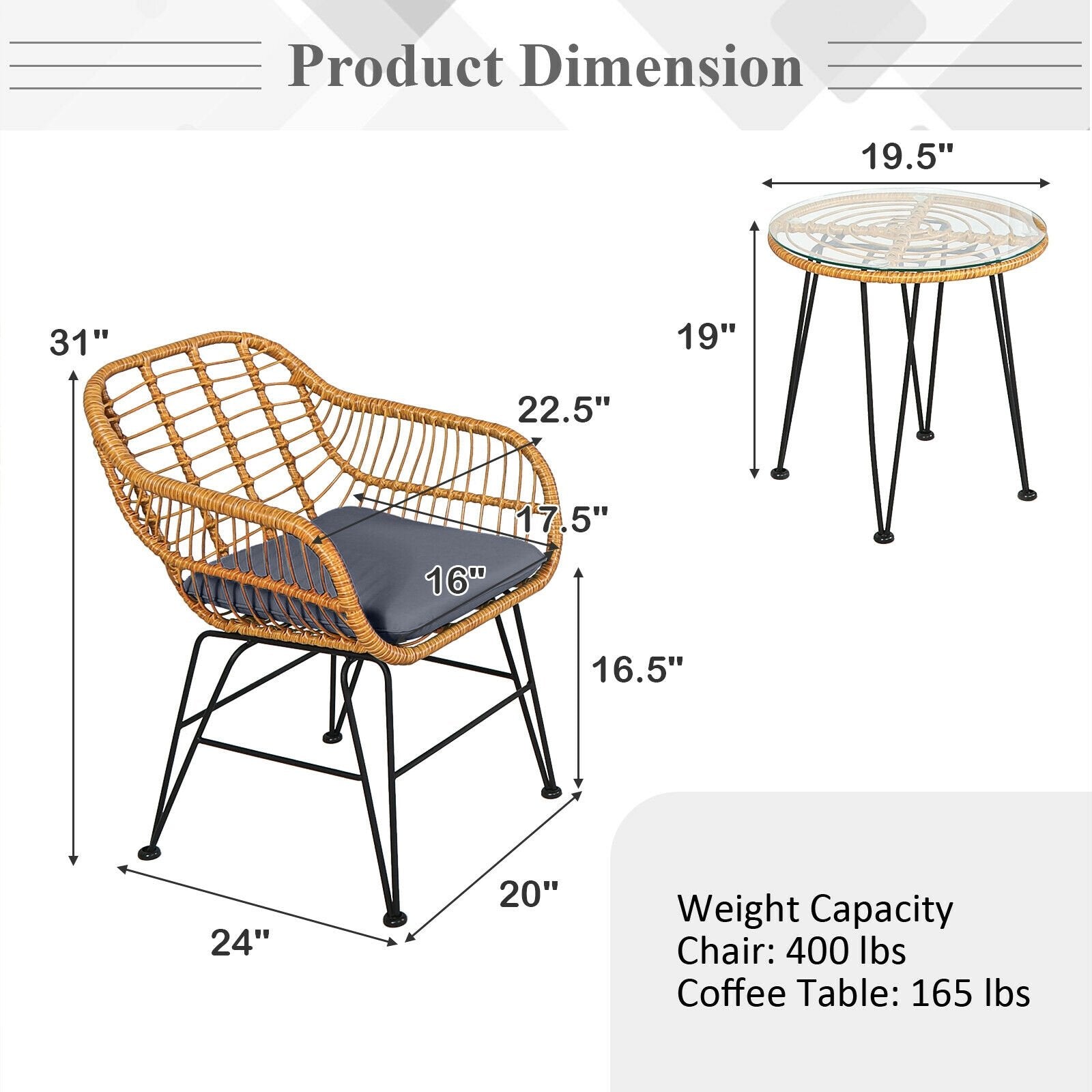 3 Pieces Rattan Furniture Set with Cushioned Chair Table, Gray Patio Conversation Sets   at Gallery Canada