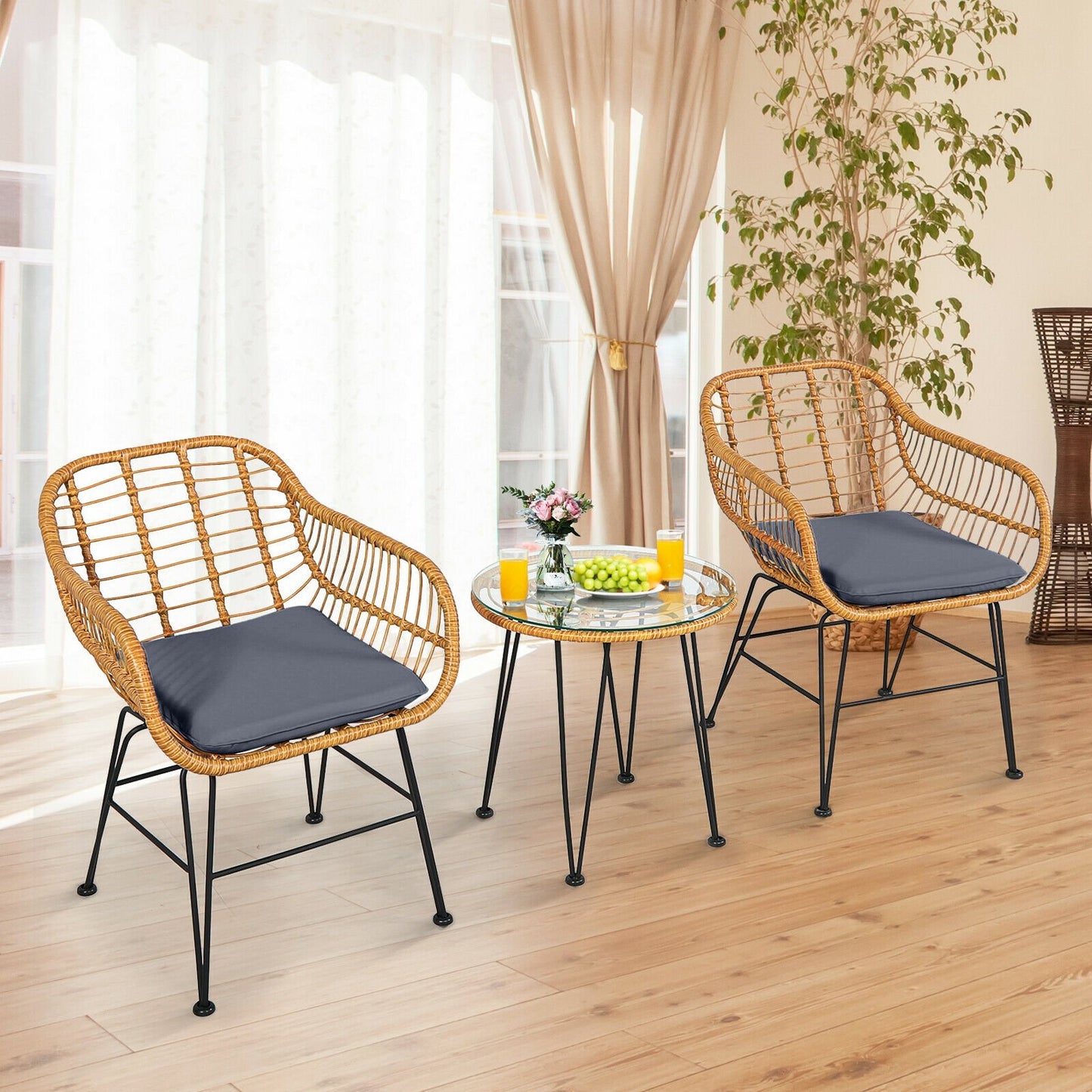 3 Pieces Rattan Furniture Set with Cushioned Chair Table, Gray Patio Conversation Sets   at Gallery Canada