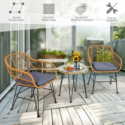 3 Pieces Rattan Furniture Set with Cushioned Chair Table, Gray Patio Conversation Sets   at Gallery Canada