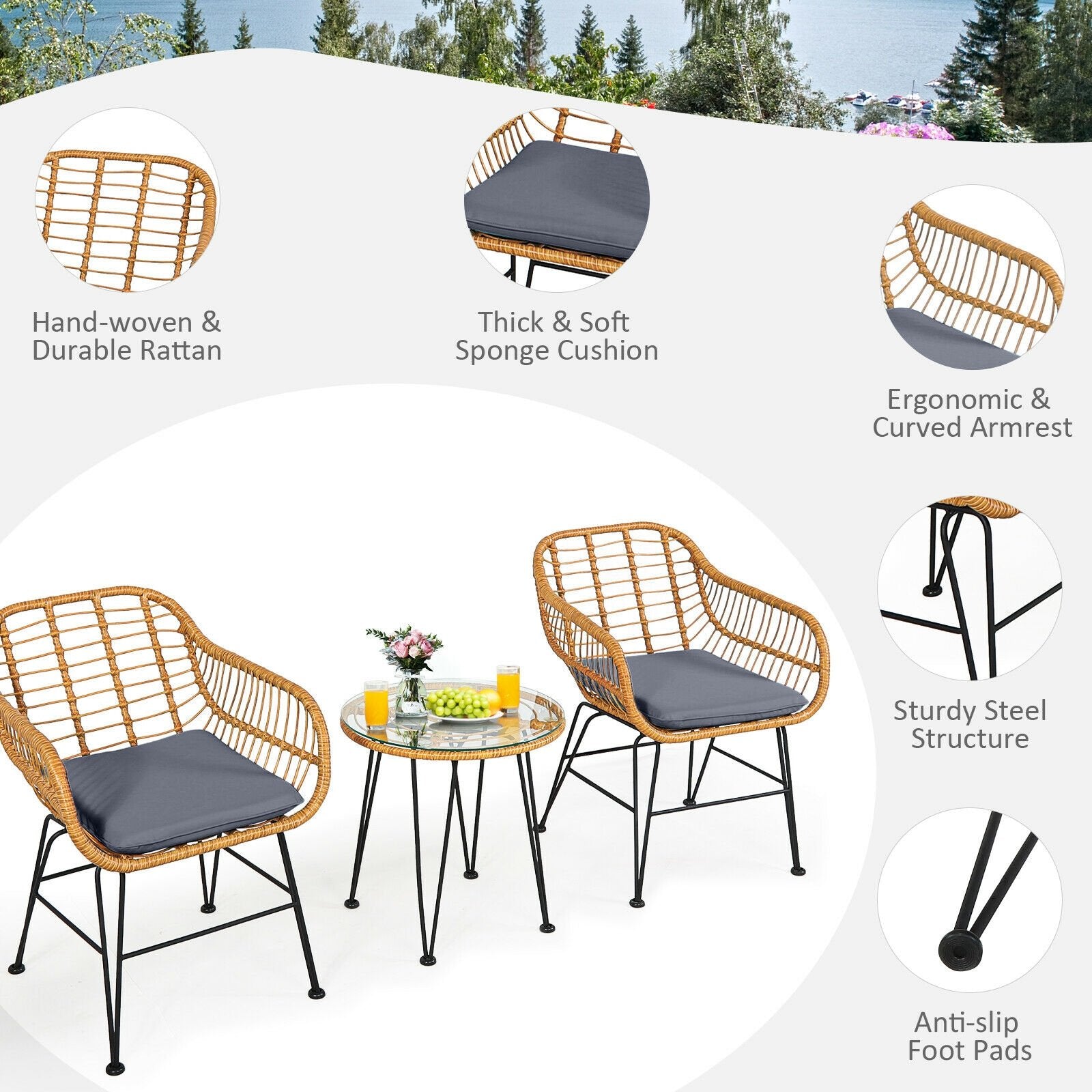 3 Pieces Rattan Furniture Set with Cushioned Chair Table, Gray Patio Conversation Sets   at Gallery Canada