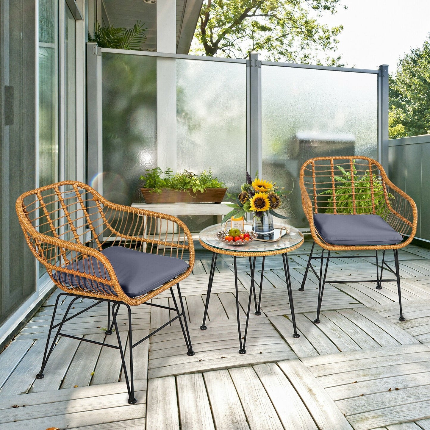 3 Pieces Rattan Furniture Set with Cushioned Chair Table, Gray Patio Conversation Sets   at Gallery Canada