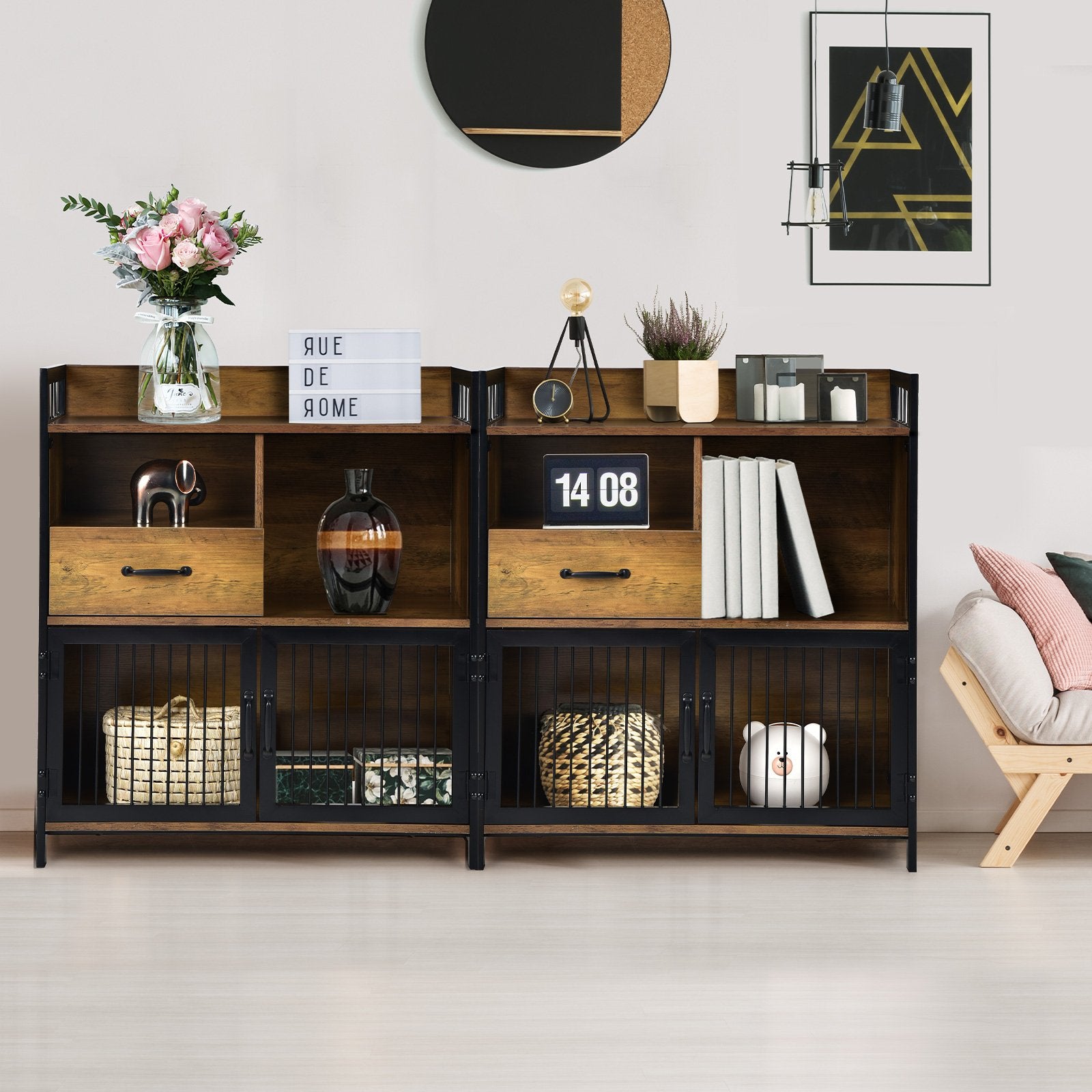 Buffet Server Sideboard Kitchen Storage Cabinet with Drawer and Steel Doors, Rustic Brown Sideboards Cabinets & Buffets   at Gallery Canada