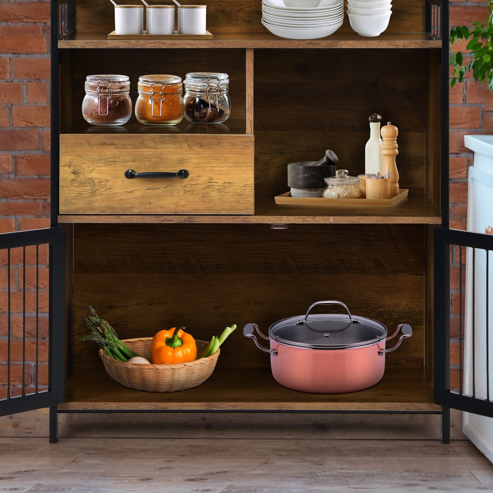 Buffet Server Sideboard Kitchen Storage Cabinet with Drawer and Steel Doors, Rustic Brown Sideboards Cabinets & Buffets   at Gallery Canada