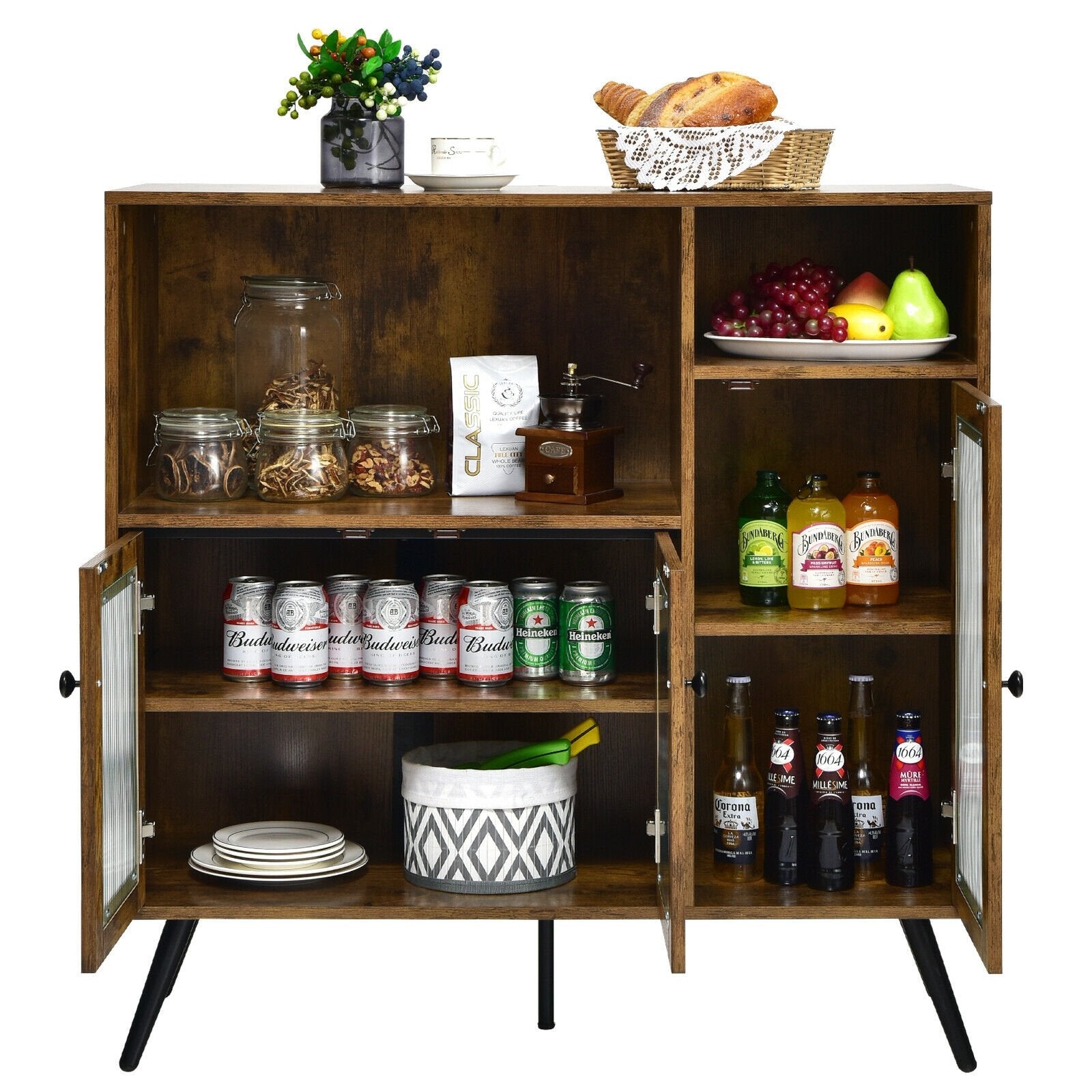 Buffet Kitchen Storage Cupboard with Glass Door and Adjustable Shelves, Rustic Brown Sideboards Cabinets & Buffets   at Gallery Canada