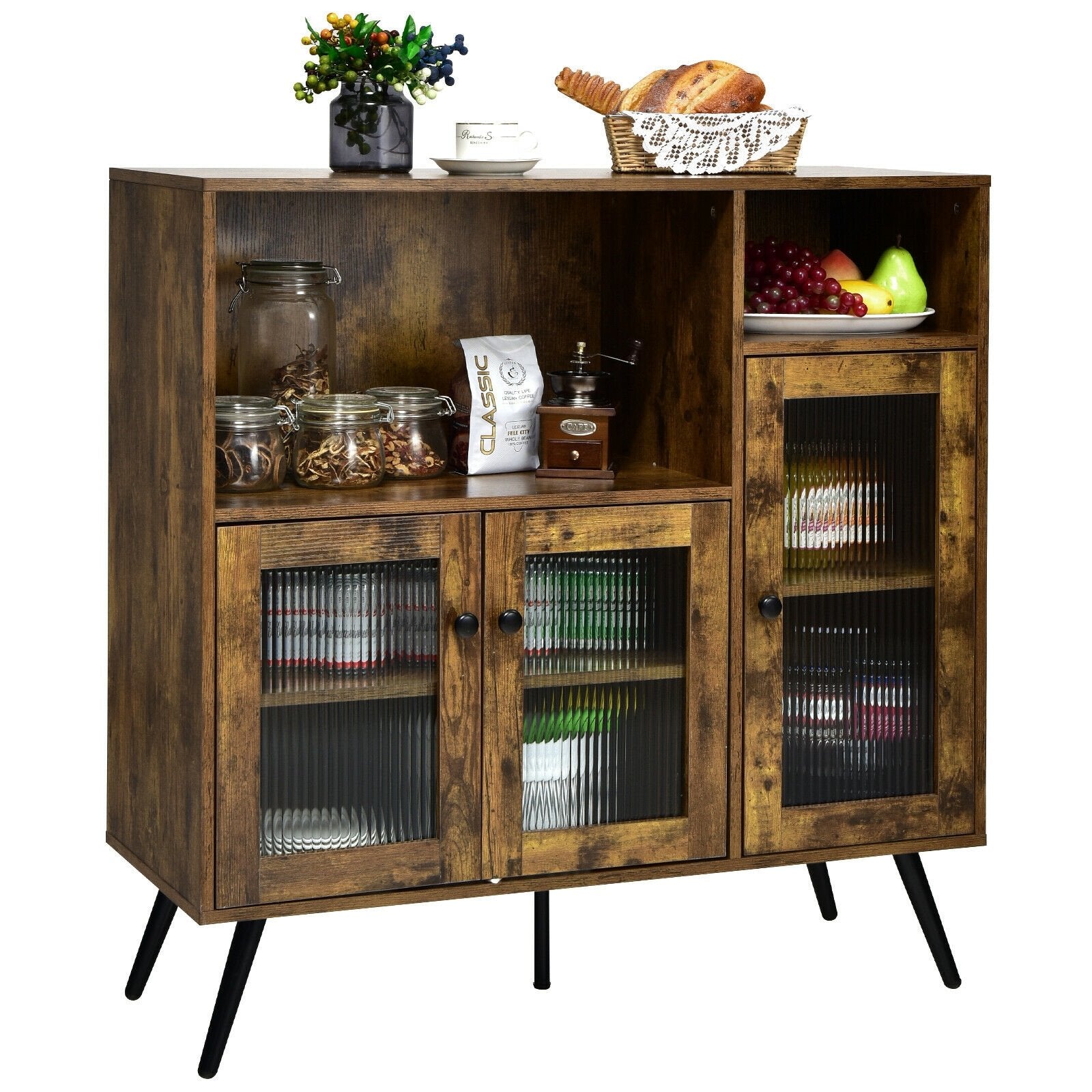 Buffet Kitchen Storage Cupboard with Glass Door and Adjustable Shelves, Rustic Brown Sideboards Cabinets & Buffets   at Gallery Canada