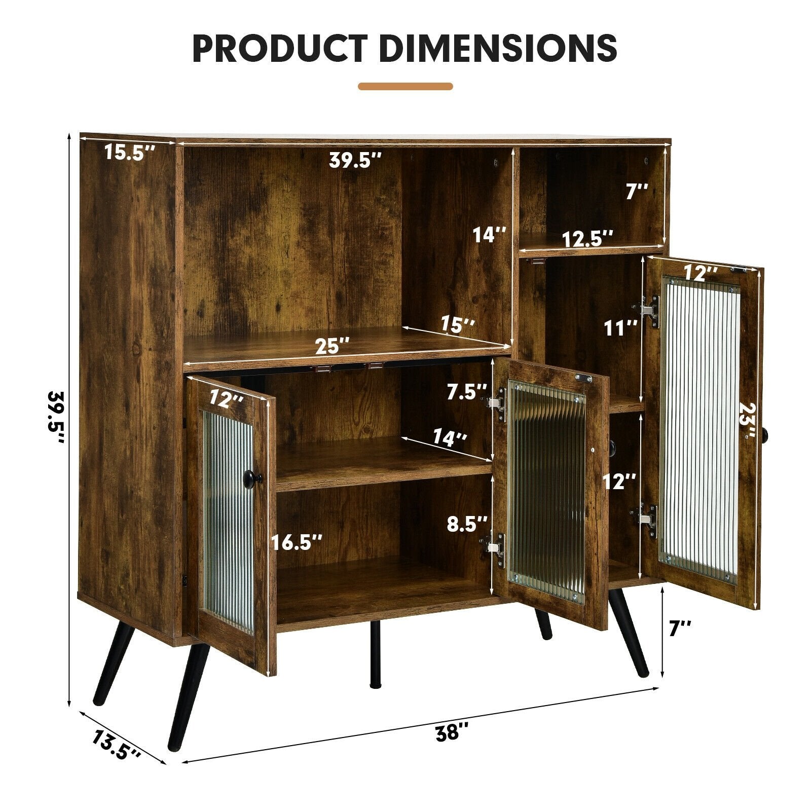 Buffet Kitchen Storage Cupboard with Glass Door and Adjustable Shelves, Rustic Brown Sideboards Cabinets & Buffets   at Gallery Canada