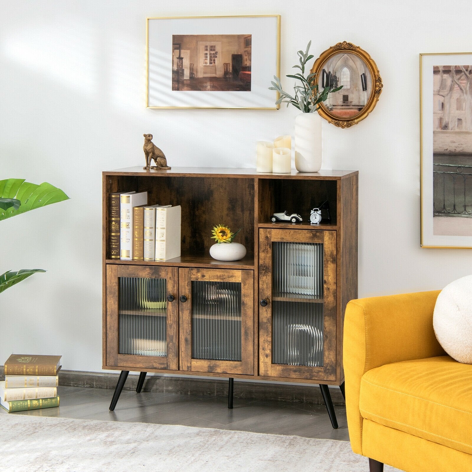 Buffet Kitchen Storage Cupboard with Glass Door and Adjustable Shelves, Rustic Brown Sideboards Cabinets & Buffets   at Gallery Canada