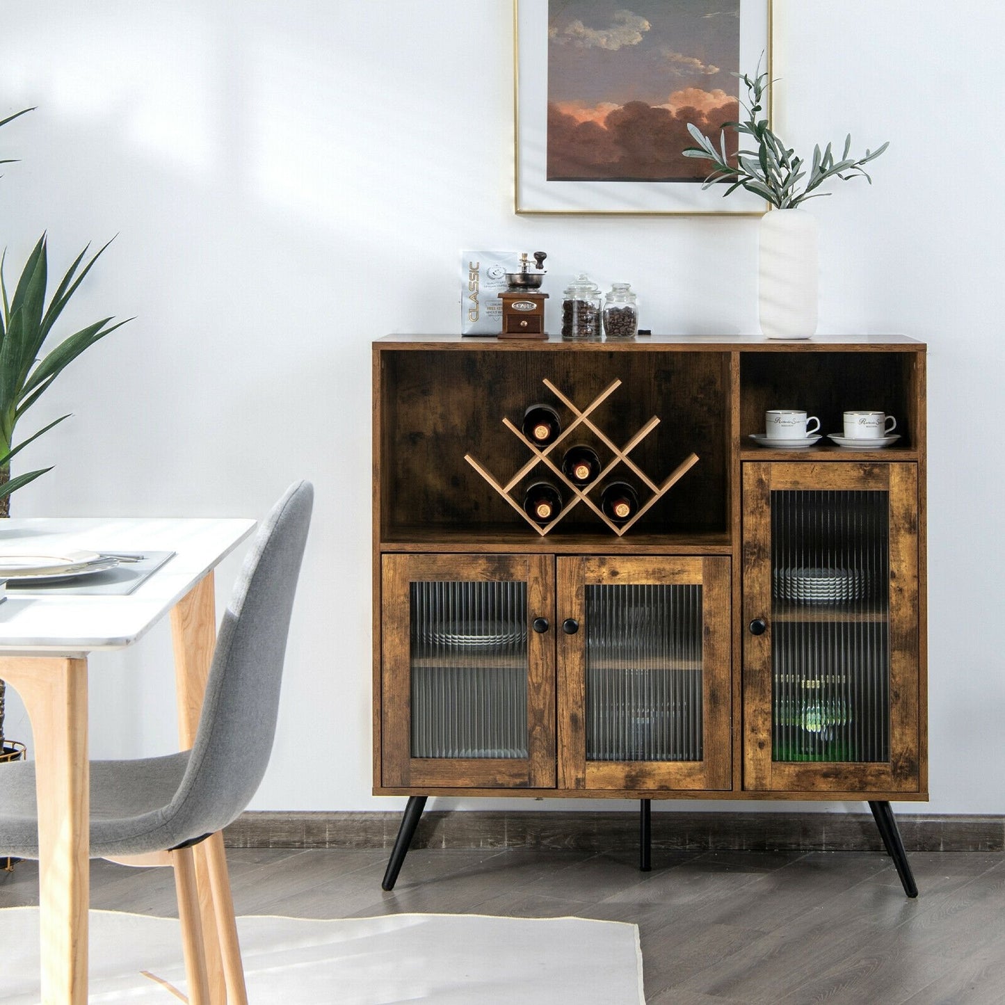 Buffet Kitchen Storage Cupboard with Glass Door and Adjustable Shelves, Rustic Brown Sideboards Cabinets & Buffets   at Gallery Canada