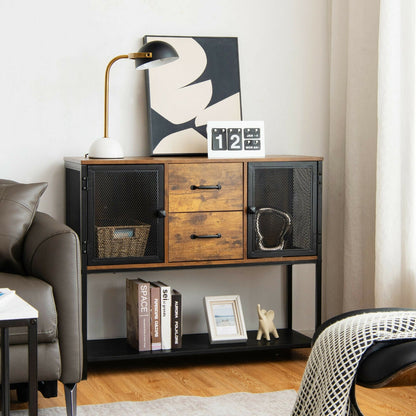 Industrial Buffet Sideboard Kitchen Cupboard with Metal Mesh Doors and 2 Drawers, Rustic Brown Sideboards Cabinets & Buffets   at Gallery Canada