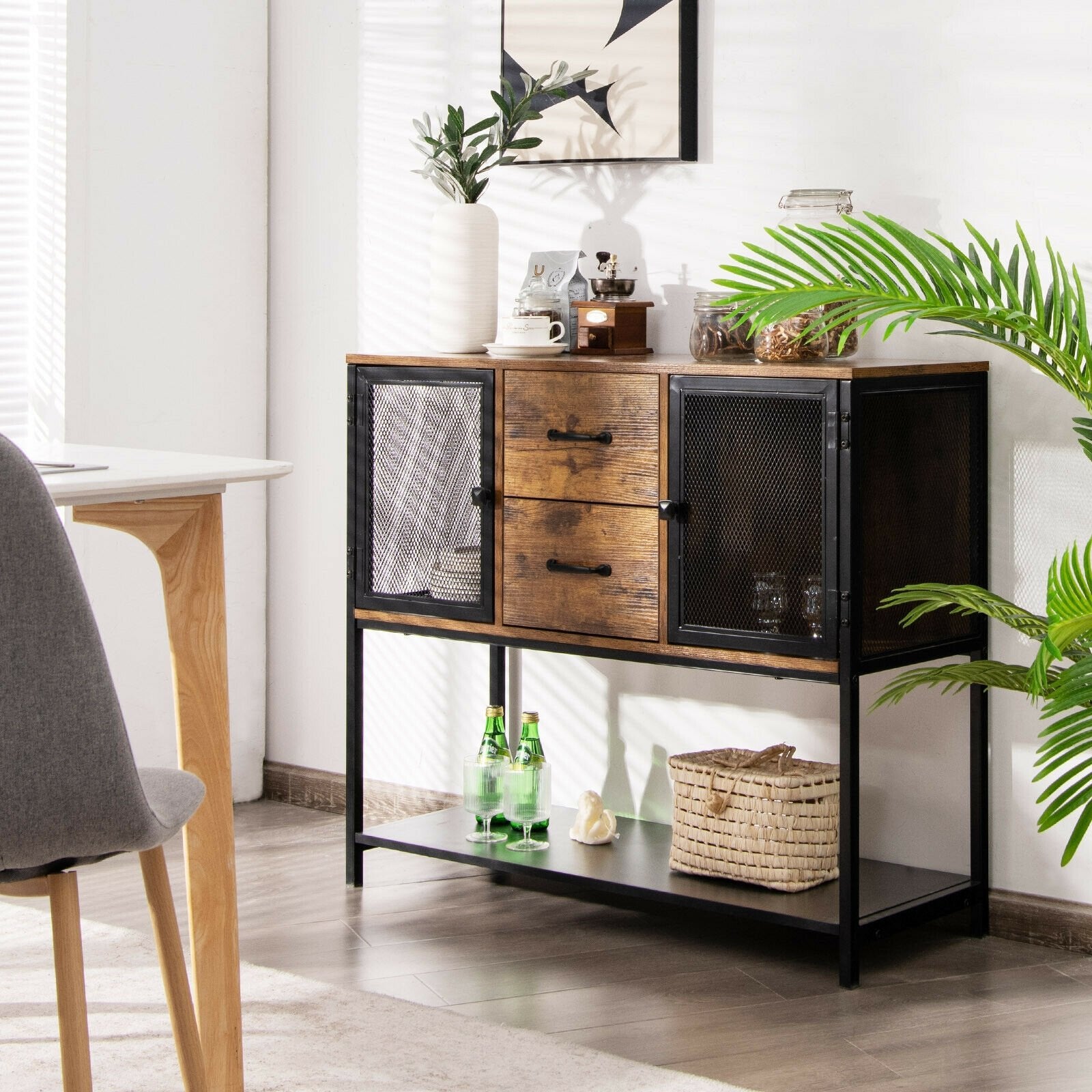 Industrial Buffet Sideboard Kitchen Cupboard with Metal Mesh Doors and 2 Drawers, Rustic Brown Sideboards Cabinets & Buffets   at Gallery Canada