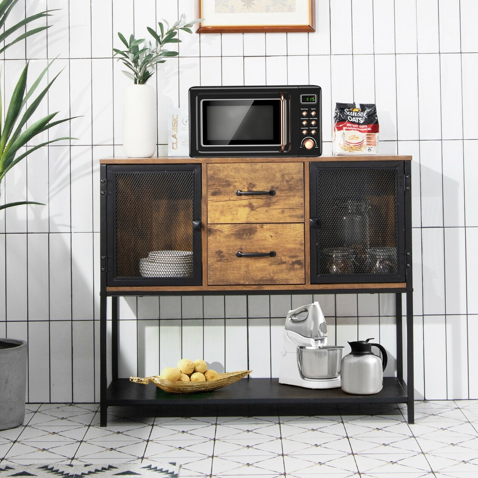 Industrial Buffet Sideboard Kitchen Cupboard with Metal Mesh Doors and 2 Drawers, Rustic Brown Sideboards Cabinets & Buffets   at Gallery Canada