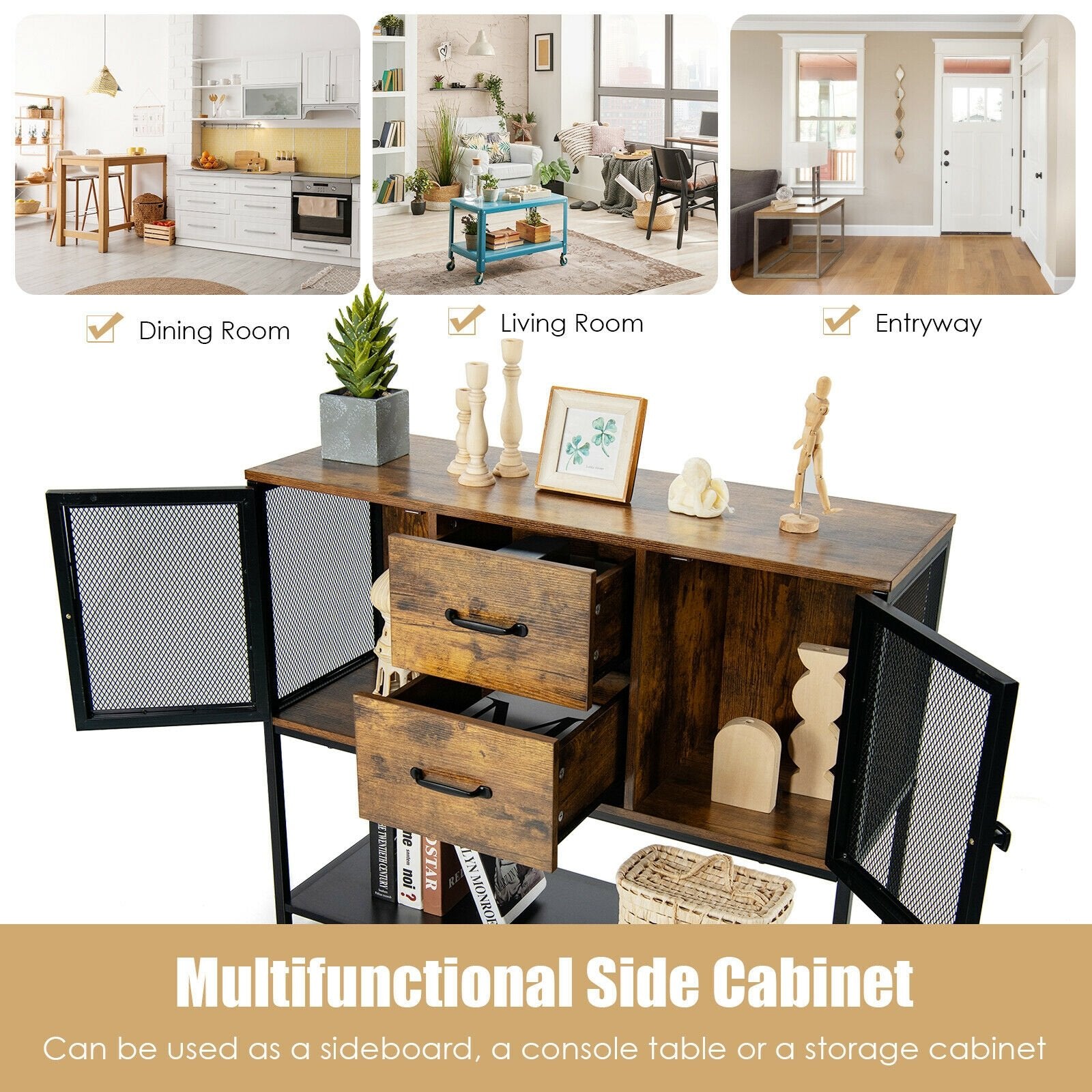 Industrial Buffet Sideboard Kitchen Cupboard with Metal Mesh Doors and 2 Drawers, Rustic Brown Sideboards Cabinets & Buffets   at Gallery Canada