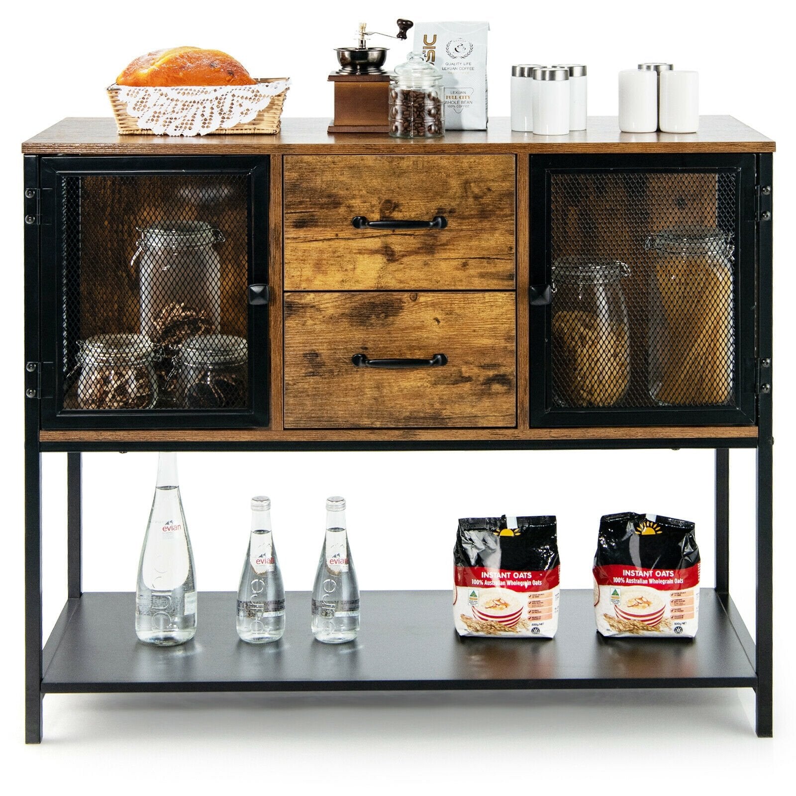 Industrial Buffet Sideboard Kitchen Cupboard with Metal Mesh Doors and 2 Drawers, Rustic Brown Sideboards Cabinets & Buffets   at Gallery Canada