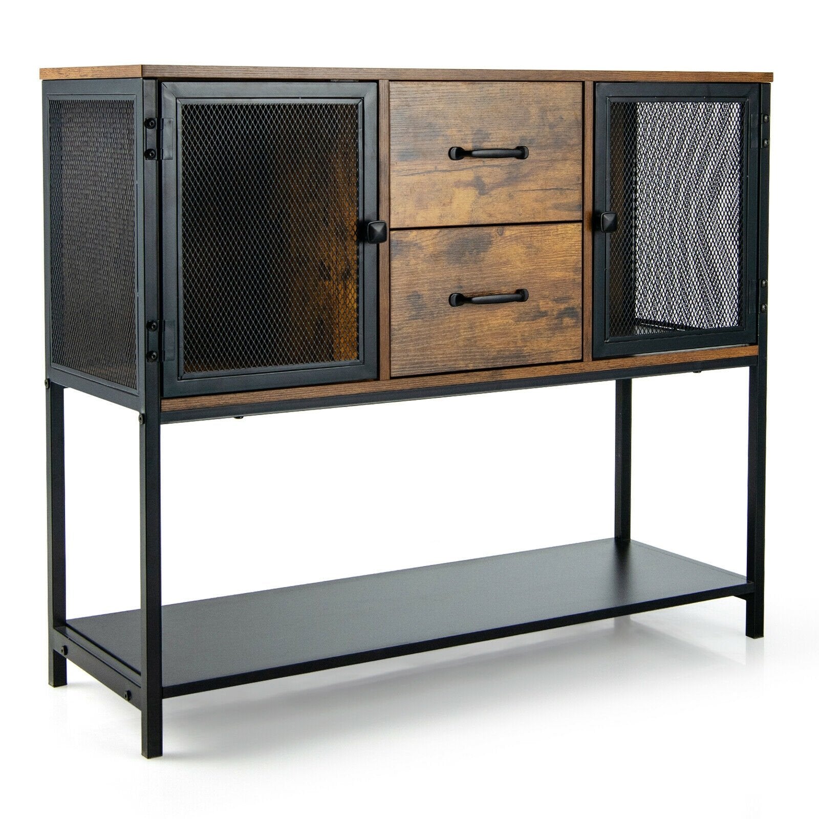 Industrial Buffet Sideboard Kitchen Cupboard with Metal Mesh Doors and 2 Drawers, Rustic Brown Sideboards Cabinets & Buffets   at Gallery Canada