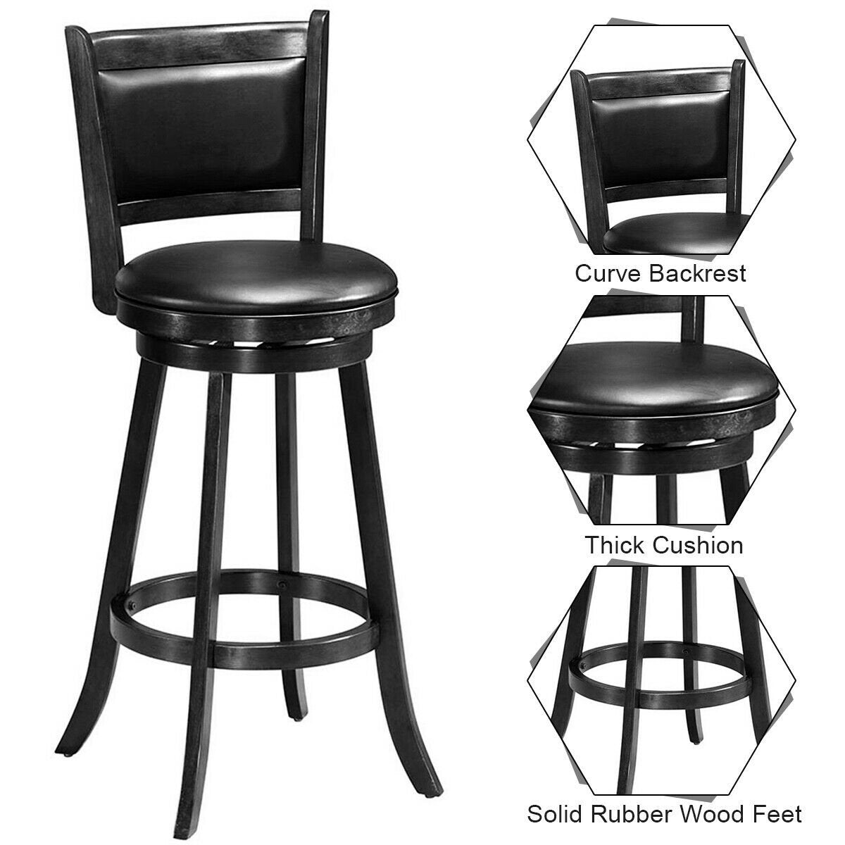 Set of 2 29 Inch Swivel Bar Height Stool Wood Dining Chair Barstool, Black Bar Stools   at Gallery Canada