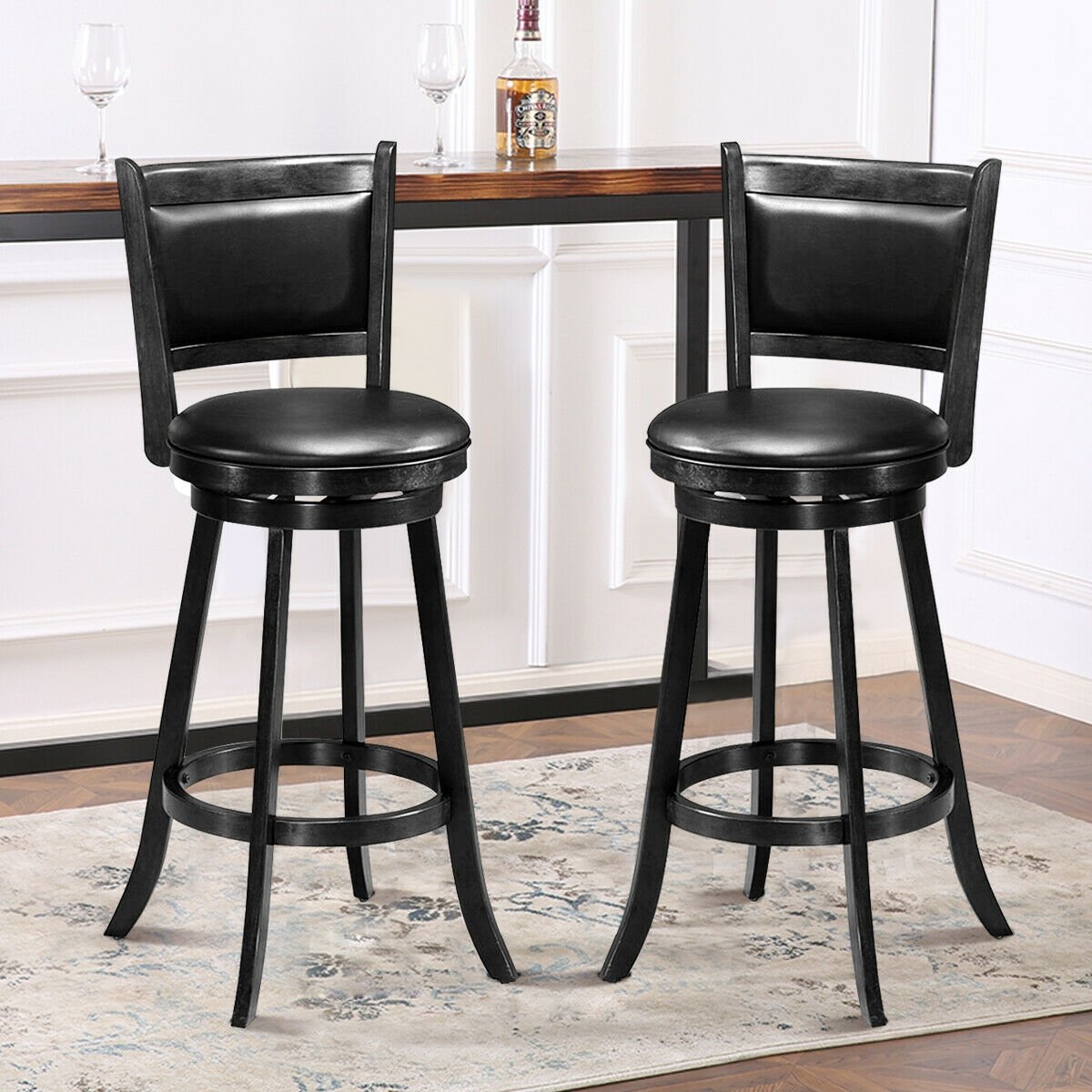 Set of 2 29 Inch Swivel Bar Height Stool Wood Dining Chair Barstool, Black Bar Stools   at Gallery Canada