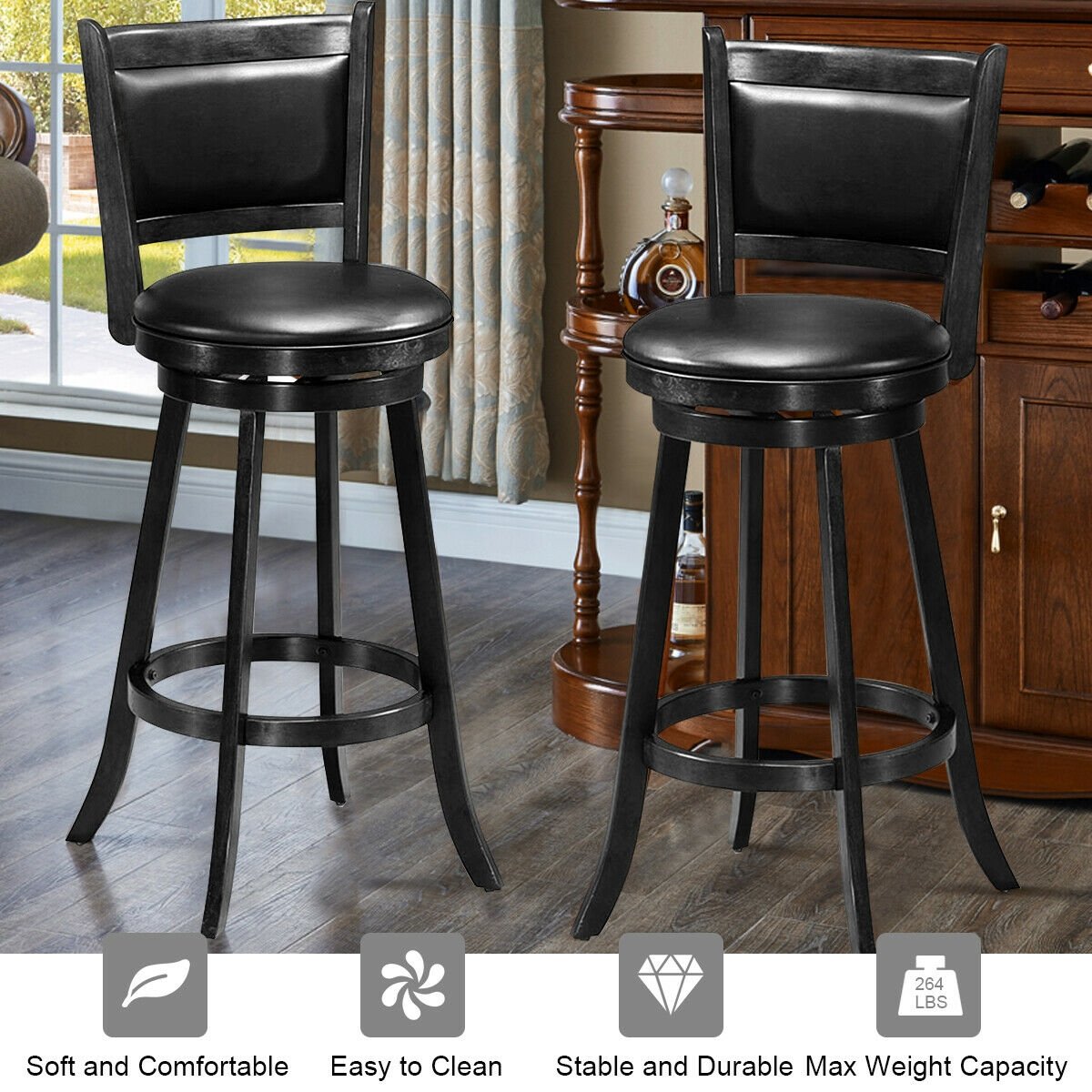 Set of 2 29 Inch Swivel Bar Height Stool Wood Dining Chair Barstool, Black Bar Stools   at Gallery Canada