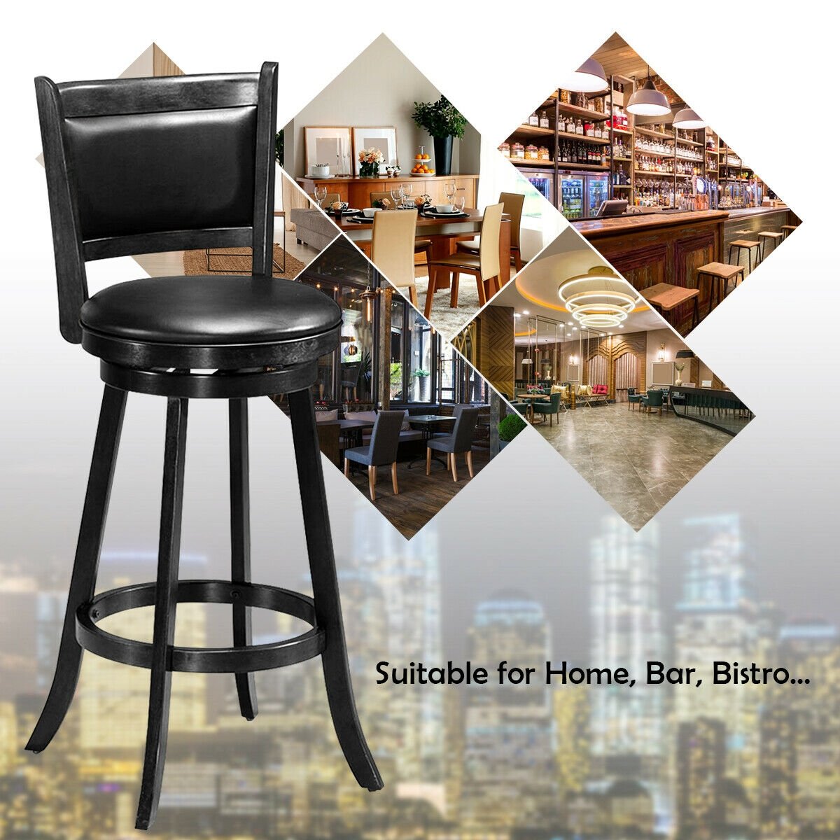 Set of 2 29 Inch Swivel Bar Height Stool Wood Dining Chair Barstool, Black Bar Stools   at Gallery Canada