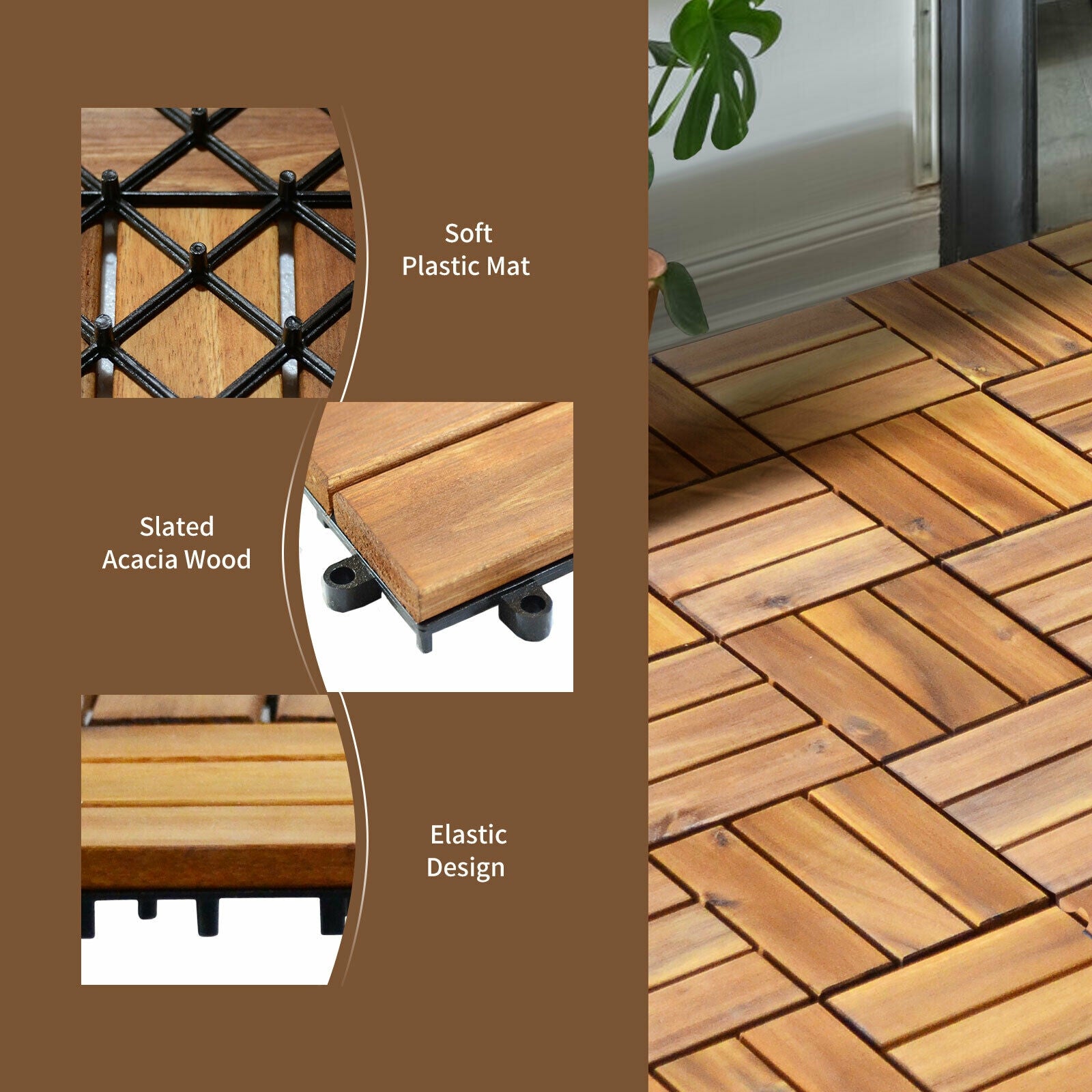 27 Pieces Acacia Wood Interlocking Patio Deck Tile, Natural Decorative Fencing & Flooring   at Gallery Canada