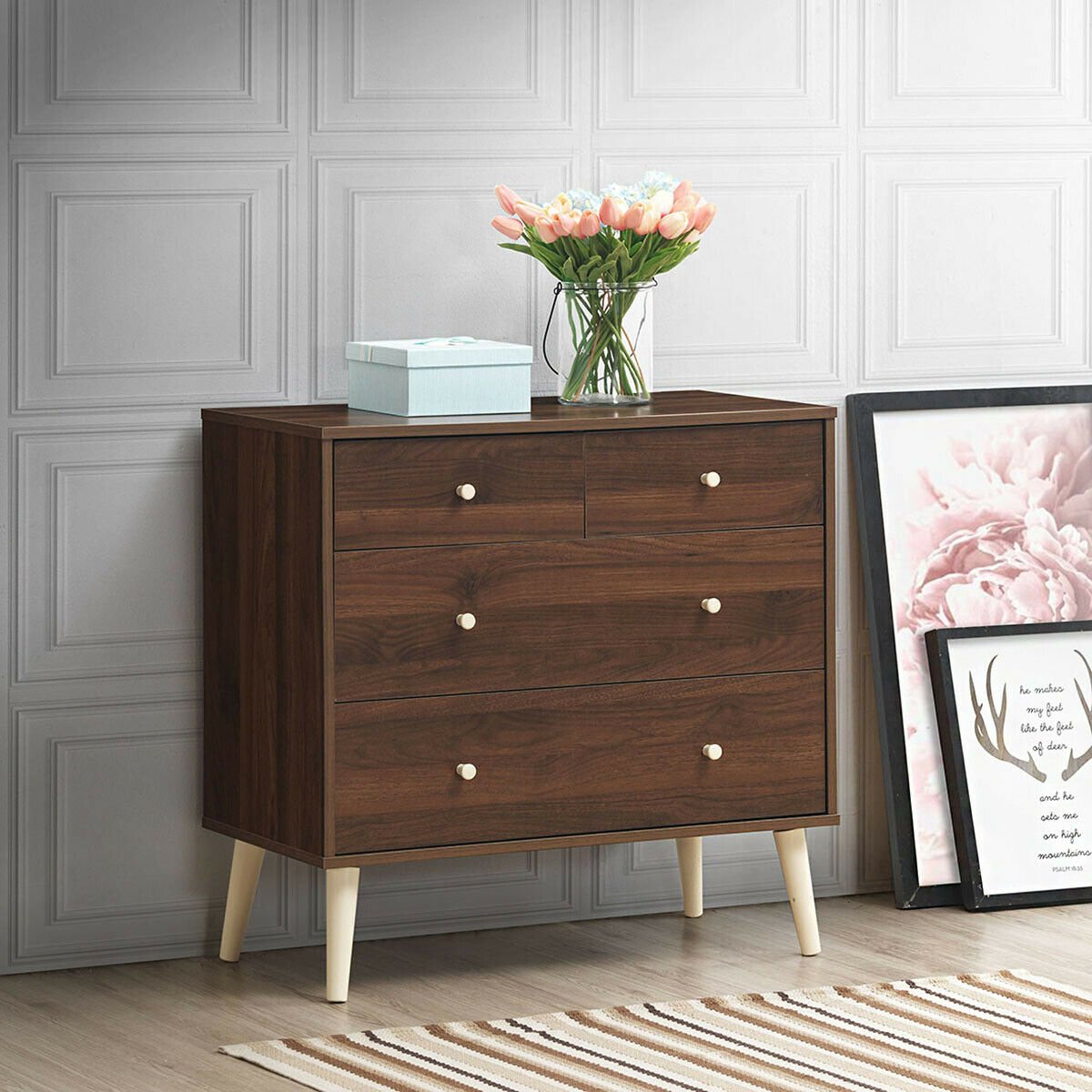 4-Drawer Dresser Cabinet Storage Organizer Rubber Leg with Rail, Brown Cabinets & Chests   at Gallery Canada