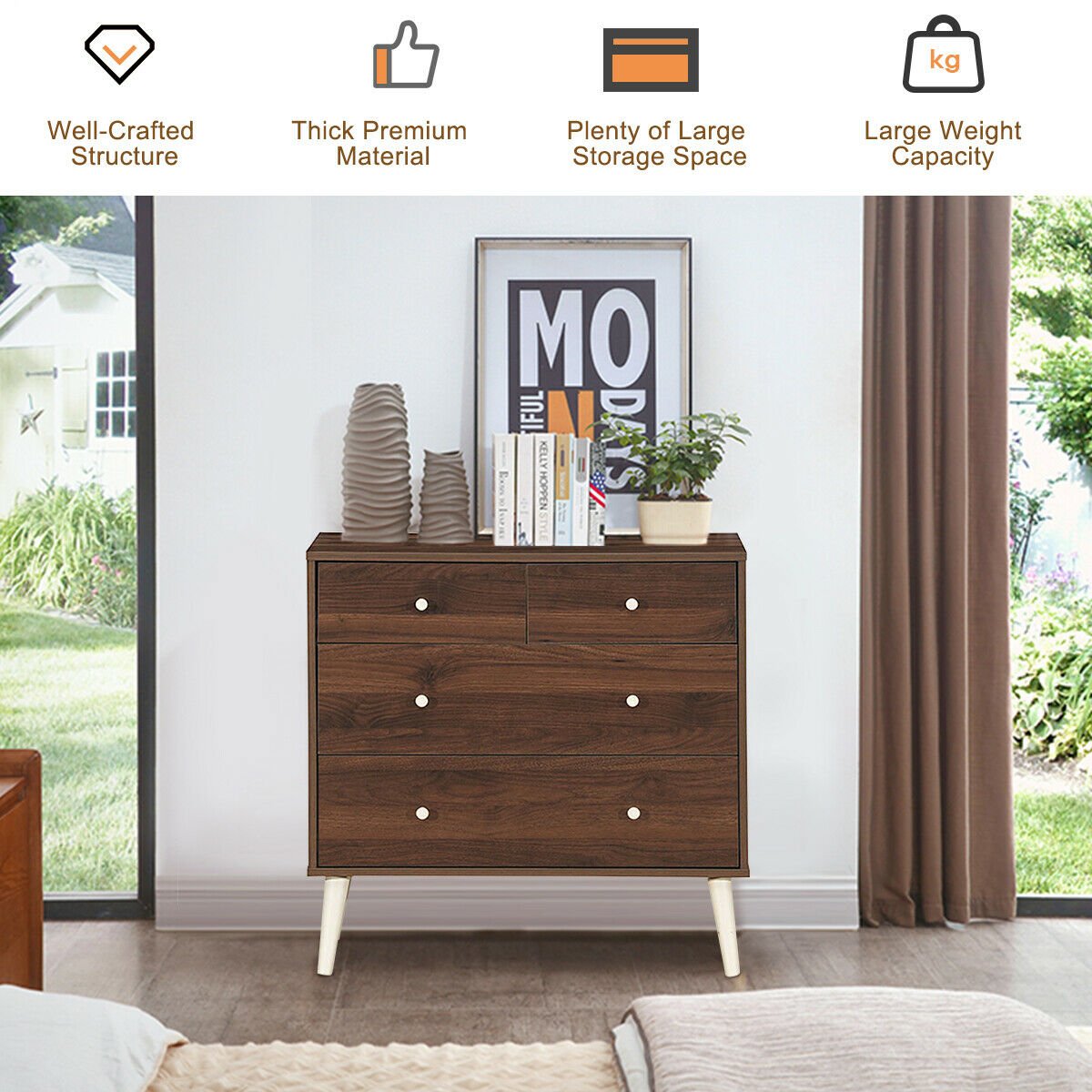 4-Drawer Dresser Cabinet Storage Organizer Rubber Leg with Rail, Brown Cabinets & Chests   at Gallery Canada