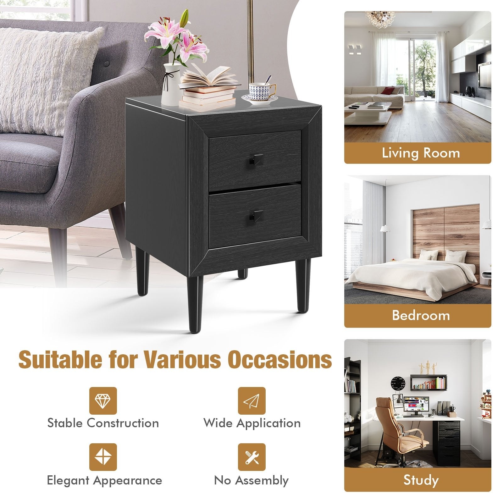 Multipurpose Retro Bedside Nightstand/ End Table with 2 Drawers, Black Nightstands   at Gallery Canada