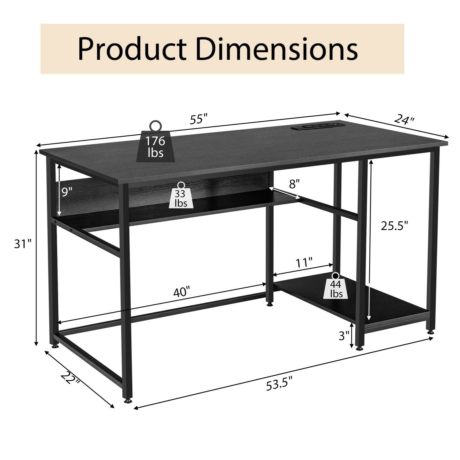 55 Inch Computer Desk with Power Outlets and USB Ports for Home and Office, Black Computer Desks   at Gallery Canada