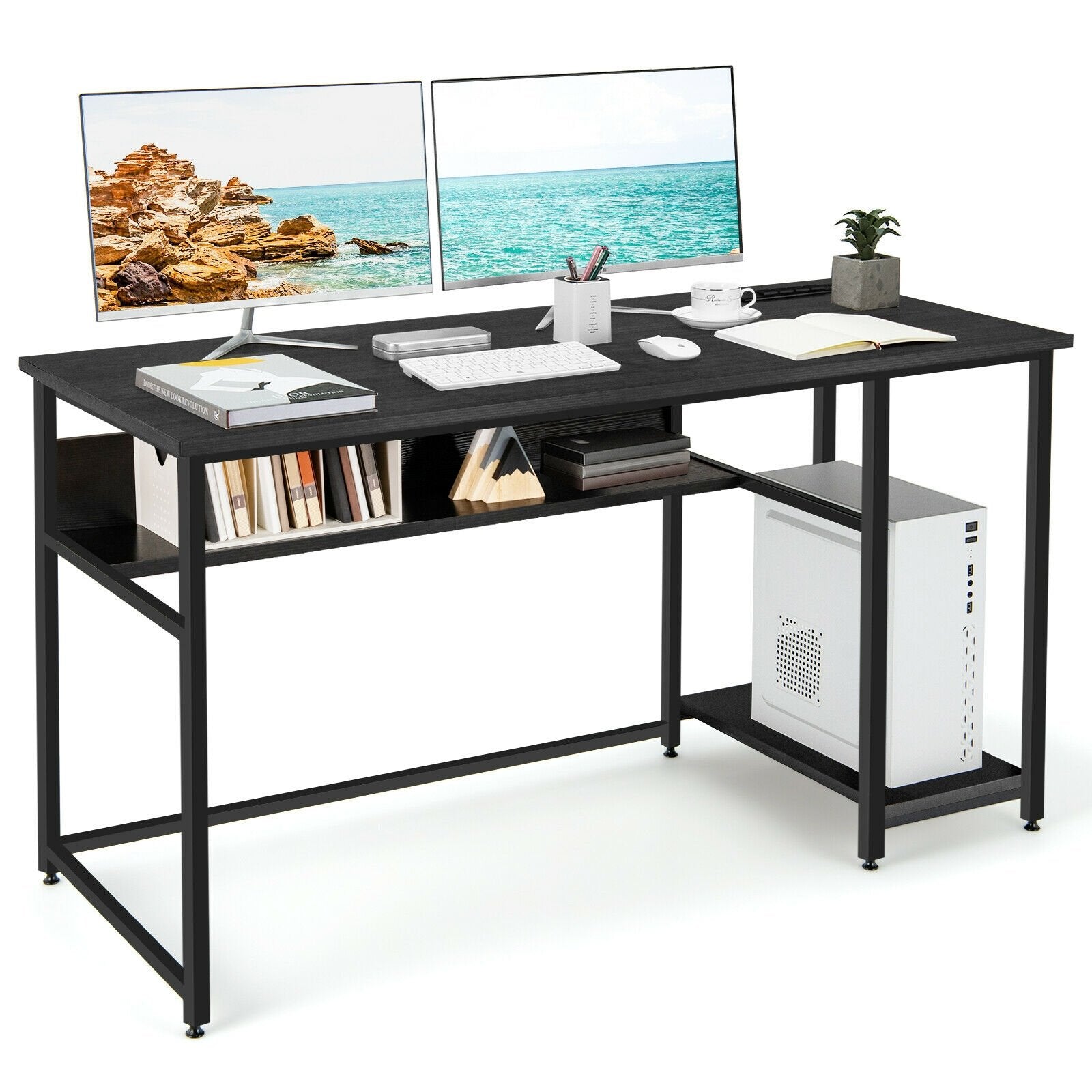 55 Inch Computer Desk with Power Outlets and USB Ports for Home and Office, Black Computer Desks   at Gallery Canada