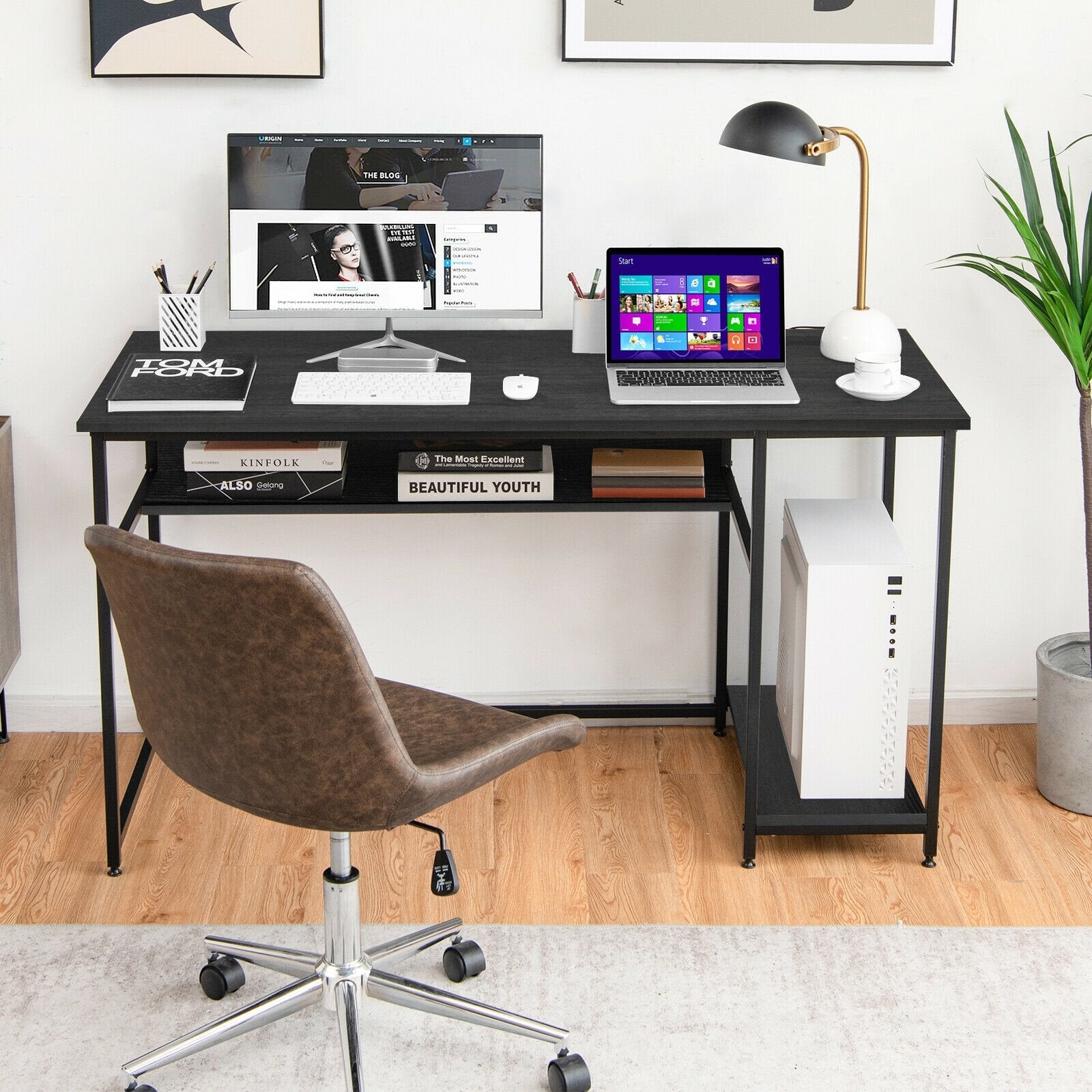 55 Inch Computer Desk with Power Outlets and USB Ports for Home and Office, Black Computer Desks   at Gallery Canada