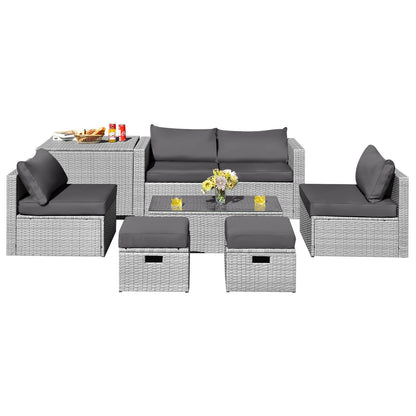 8 Pieces Patio Rattan Furniture Set with Storage Waterproof Cover and Cushion, Gray Outdoor Sectionals Gray  at Gallery Canada