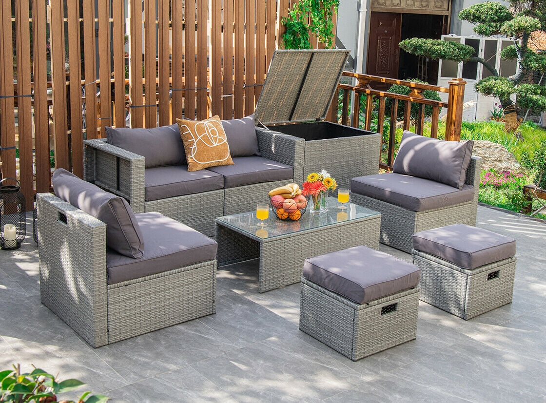 8 Pieces Patio Rattan Furniture Set with Storage Waterproof Cover and Cushion, Gray Outdoor Sectionals   at Gallery Canada