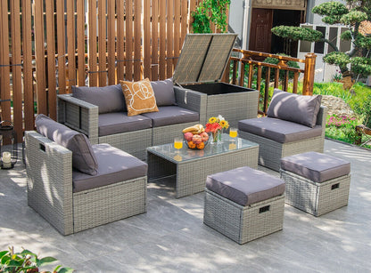 8 Pieces Patio Rattan Furniture Set with Storage Waterproof Cover and Cushion, Gray Outdoor Sectionals   at Gallery Canada