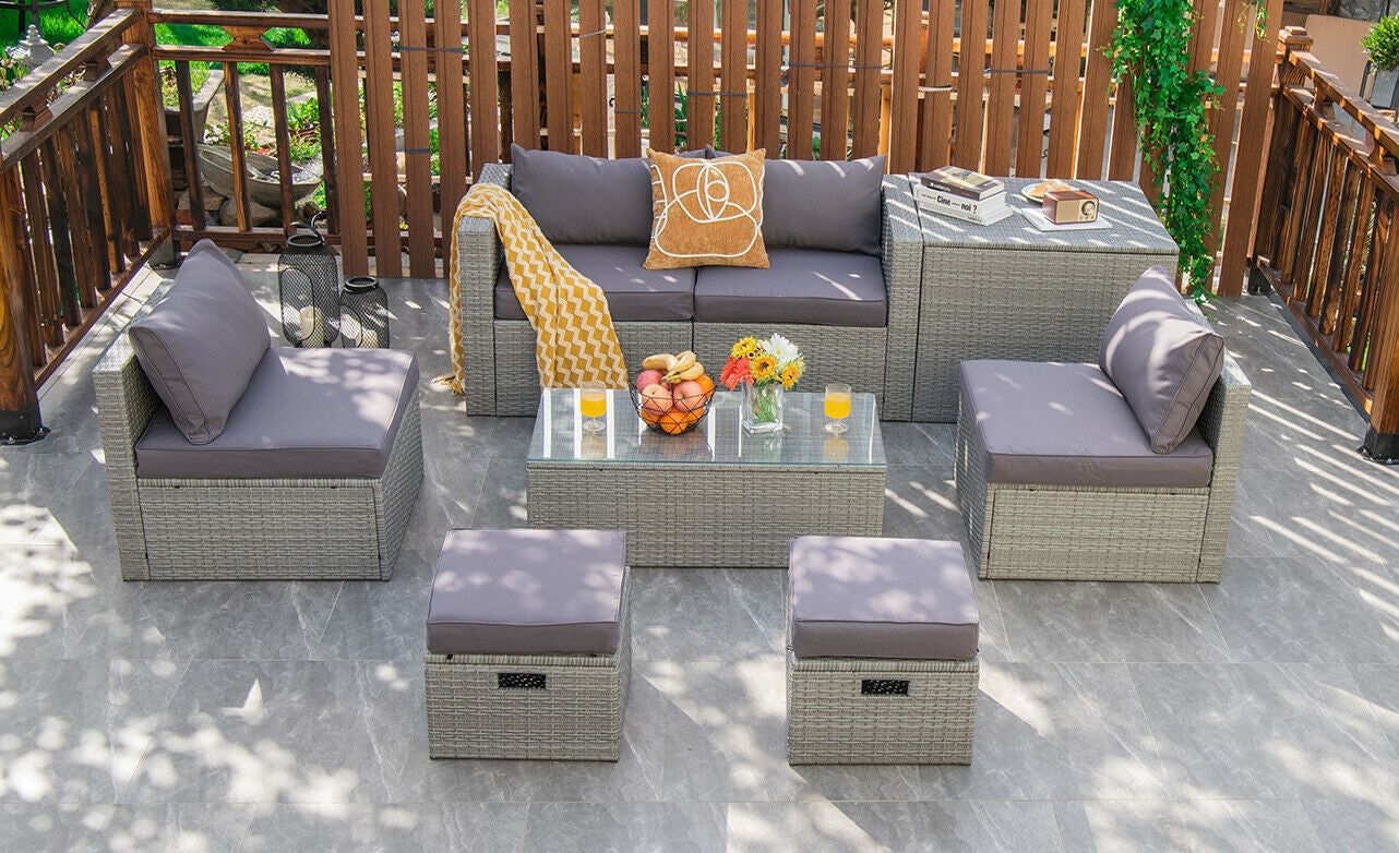 8 Pieces Patio Rattan Furniture Set with Storage Waterproof Cover and Cushion, Gray Outdoor Sectionals   at Gallery Canada