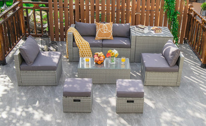 8 Pieces Patio Rattan Furniture Set with Storage Waterproof Cover and Cushion, Gray Outdoor Sectionals   at Gallery Canada