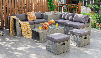 8 Pieces Patio Rattan Furniture Set with Storage Waterproof Cover and Cushion, Gray Outdoor Sectionals   at Gallery Canada