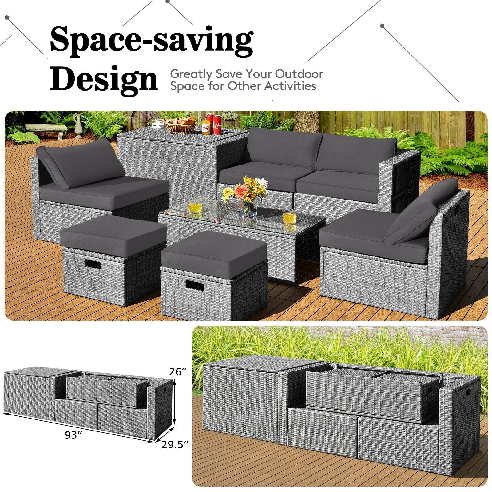 8 Pieces Patio Rattan Furniture Set with Storage Waterproof Cover and Cushion, Gray Outdoor Sectionals   at Gallery Canada