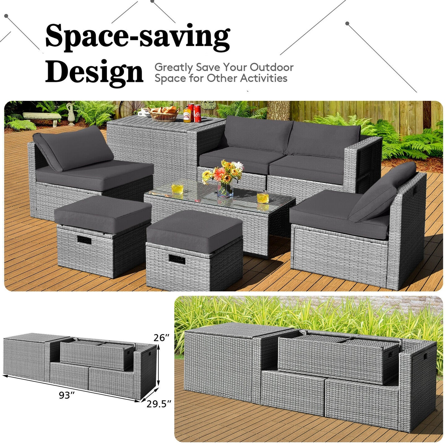 8 Pieces Patio Rattan Furniture Set with Storage Waterproof Cover and Cushion, Gray Outdoor Sectionals   at Gallery Canada