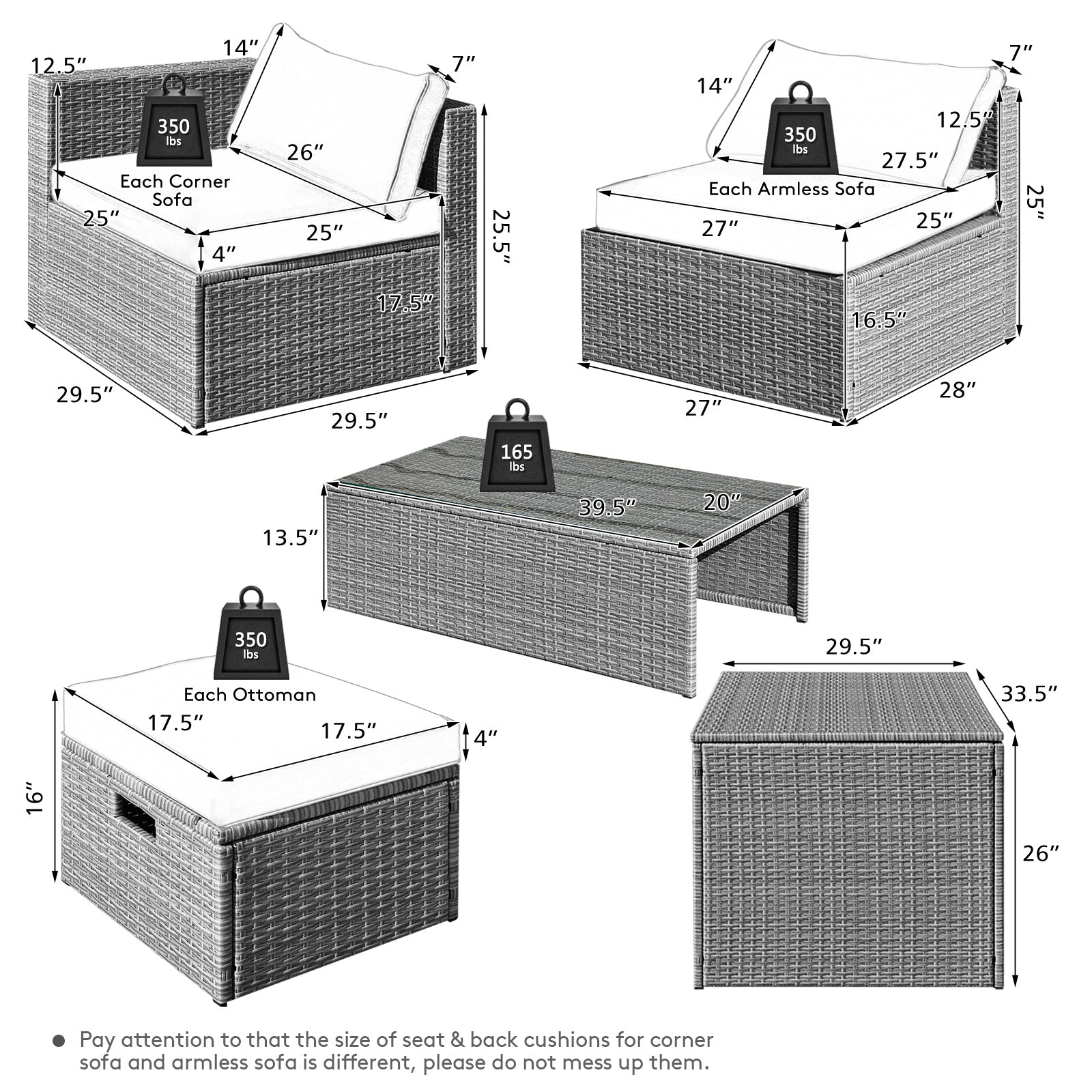 8 Pieces Patio Rattan Furniture Set with Storage Waterproof Cover and Cushion, Gray Outdoor Sectionals   at Gallery Canada