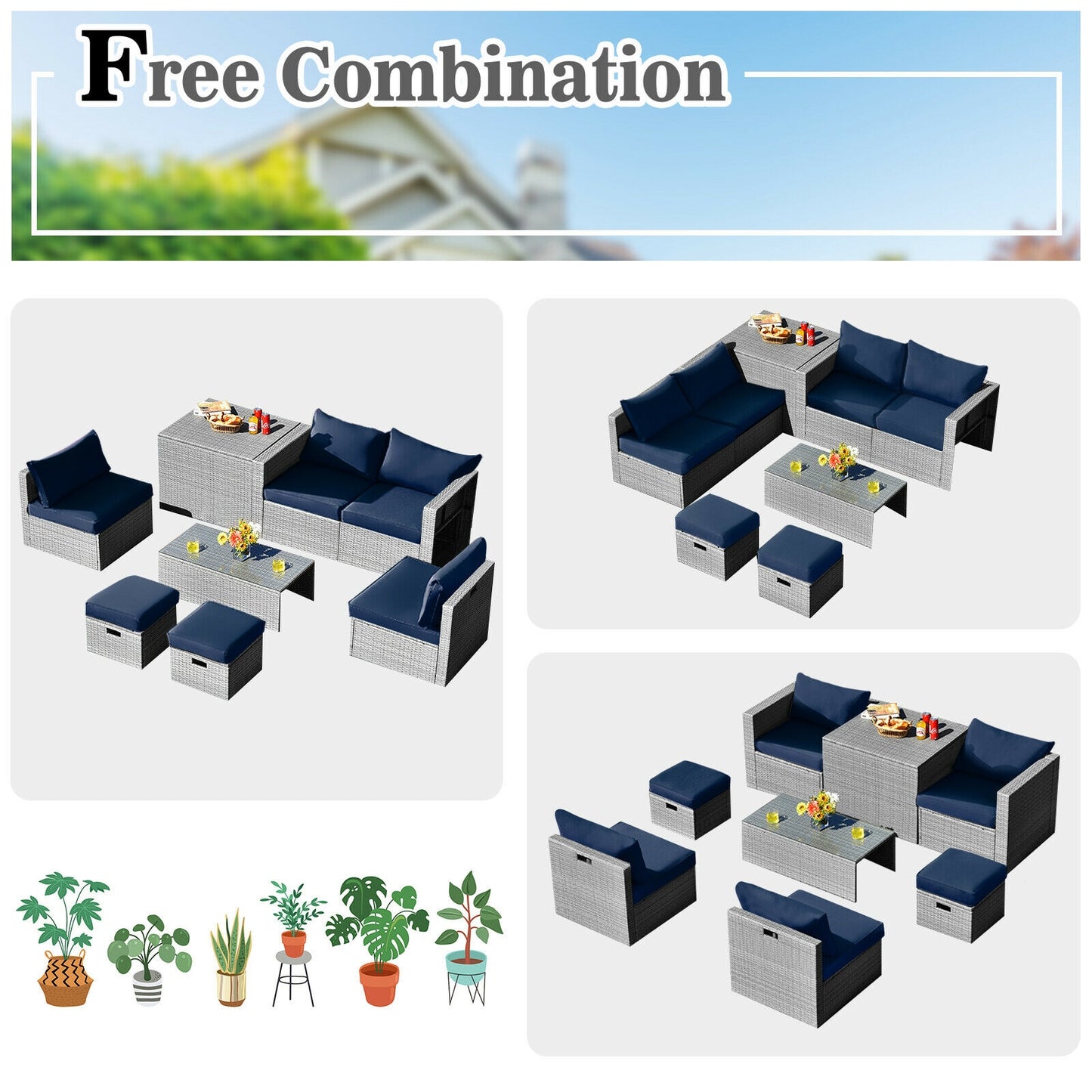 8 Pieces Patio Rattan Furniture Set with Storage Waterproof Cover and Cushion, Navy Outdoor Sectionals   at Gallery Canada