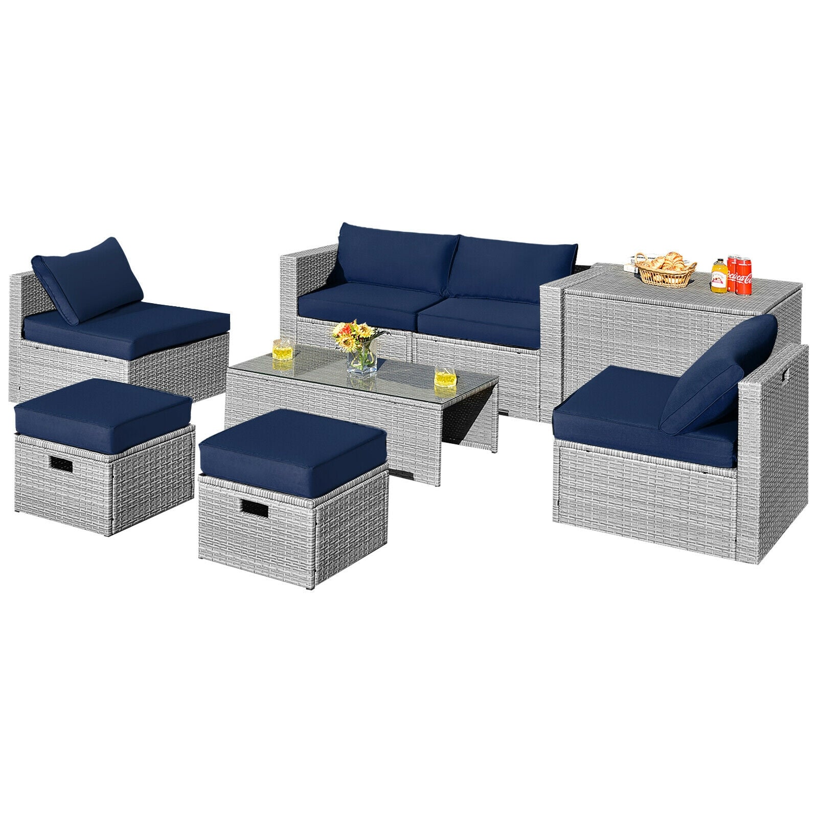 8 Pieces Patio Rattan Furniture Set with Storage Waterproof Cover and Cushion, Navy Outdoor Sectionals Navy  at Gallery Canada